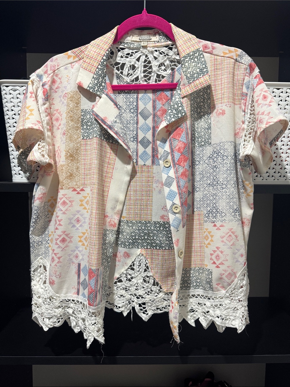 gimmicks by BKE Girls' Patchwork Button-Down Top in White Multi
